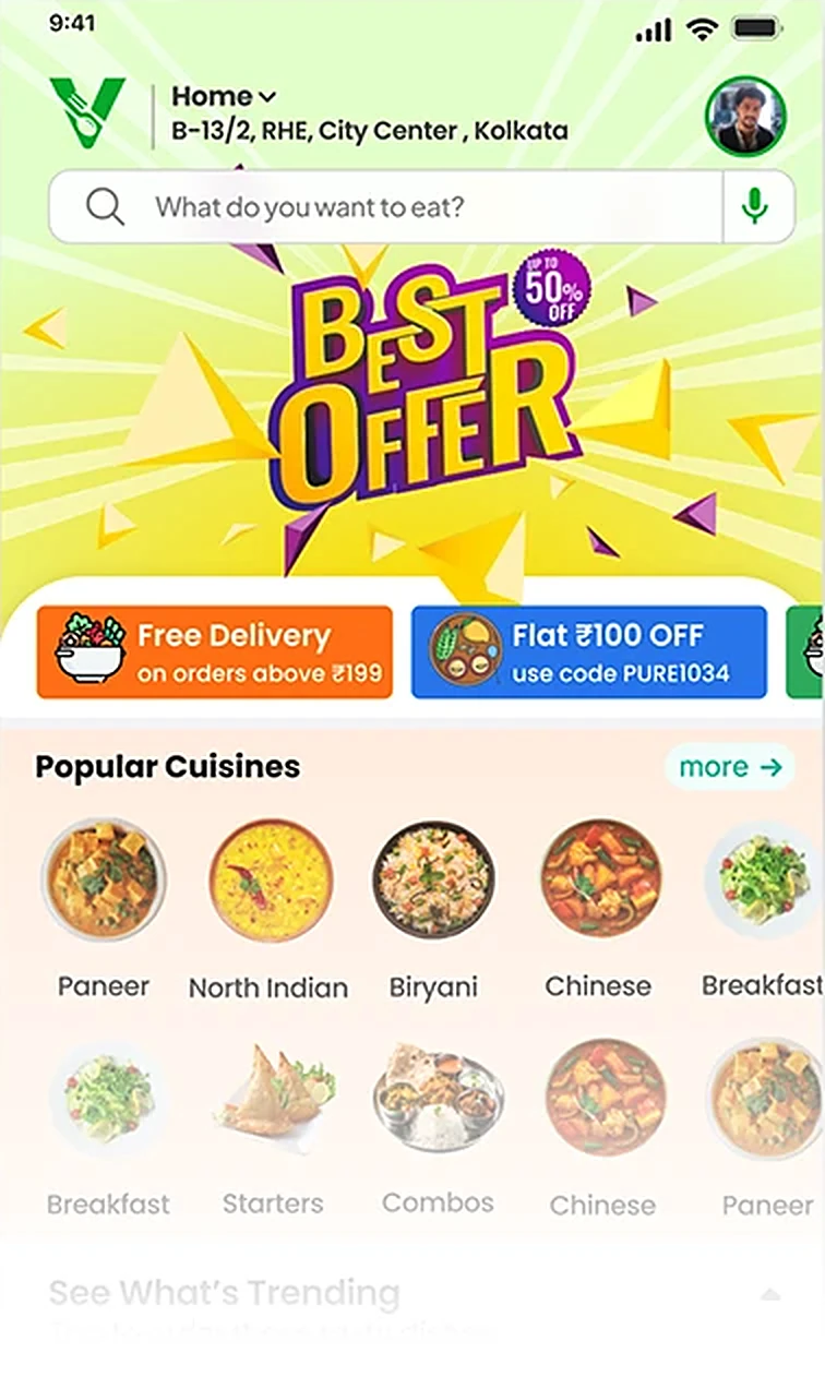 Home screen: search, the Best Offer banner and popular cuisines