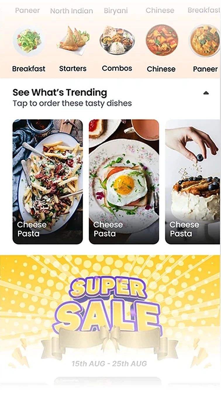 Home screen: trending dishes and the Super Sale banner