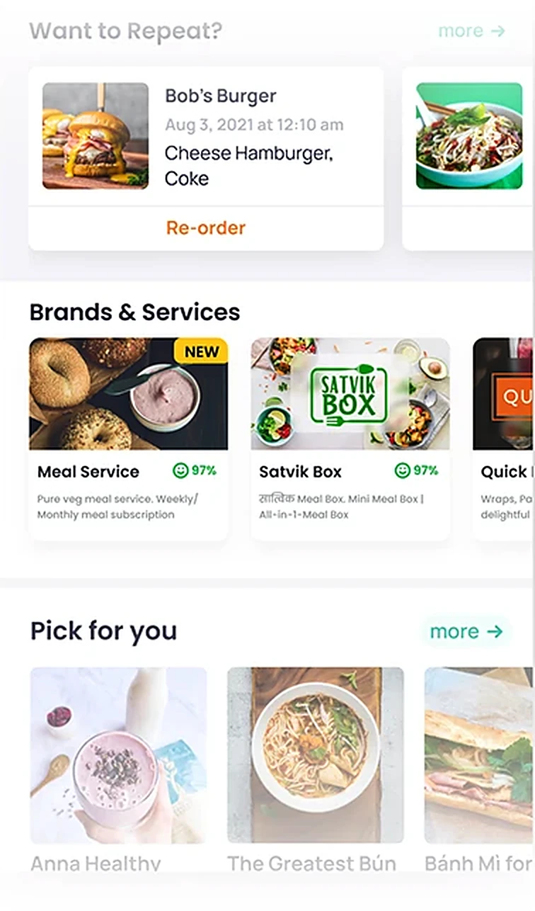 Home screen: reorder, brands and services, and picks for you