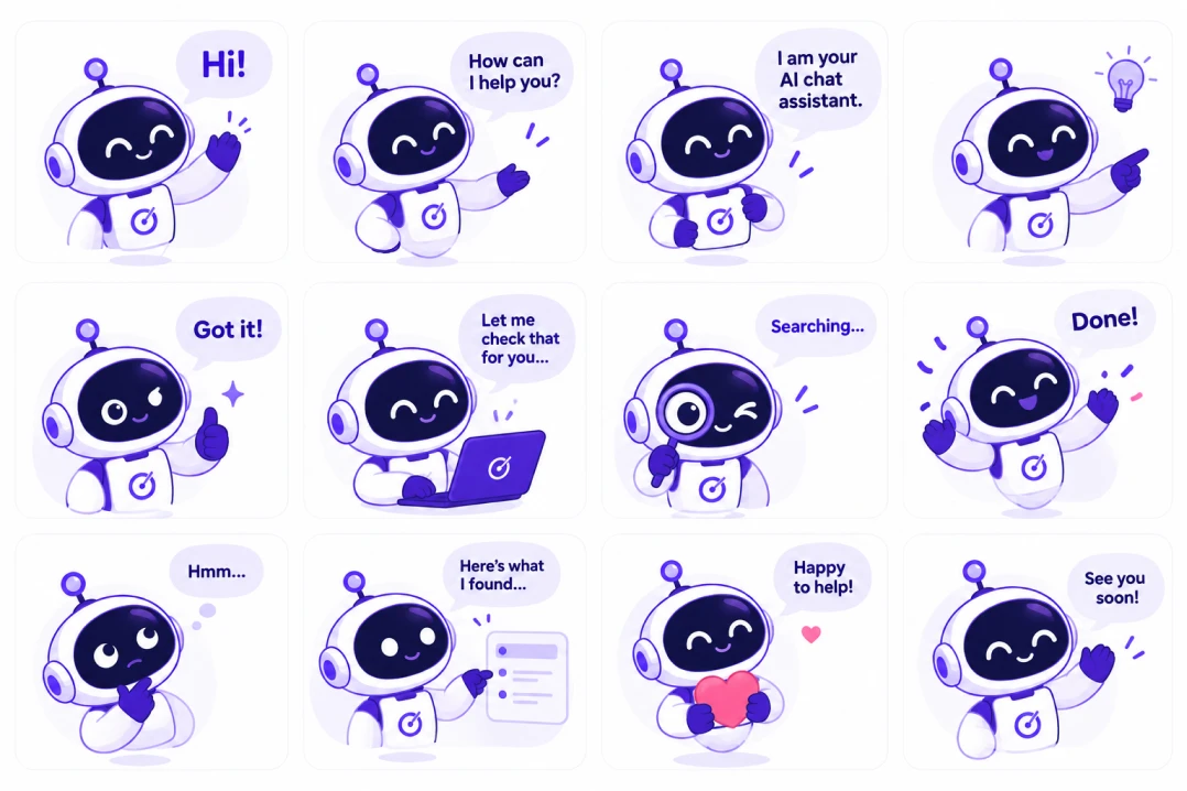 Twelve poses of the Talent Radar robot avatar, each with a speech bubble: Hi!, How can I help you?, I am your AI chat assistant, a lightbulb idea, Got it!, Let me check that for you at a laptop, Searching… with a magnifying glass, Done!, Hmm…, Here's what I found… beside a results card, Happy to help! holding a heart, and See you soon!
