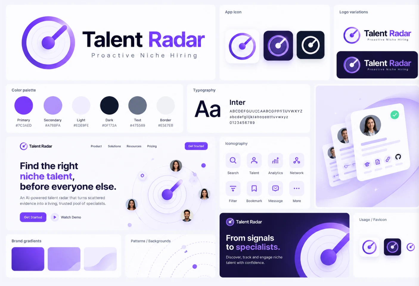 Talent Radar brand board: the logo and its light and dark variations, app icons, a palette of Primary #7C3AED, Secondary #A78BFA, Light #EDE9FE, Dark #0F172A, Text #475569 and Border #E5E7EB, Inter as the typeface, an icon set, a landing-page hero, brand gradients, background patterns and favicons.