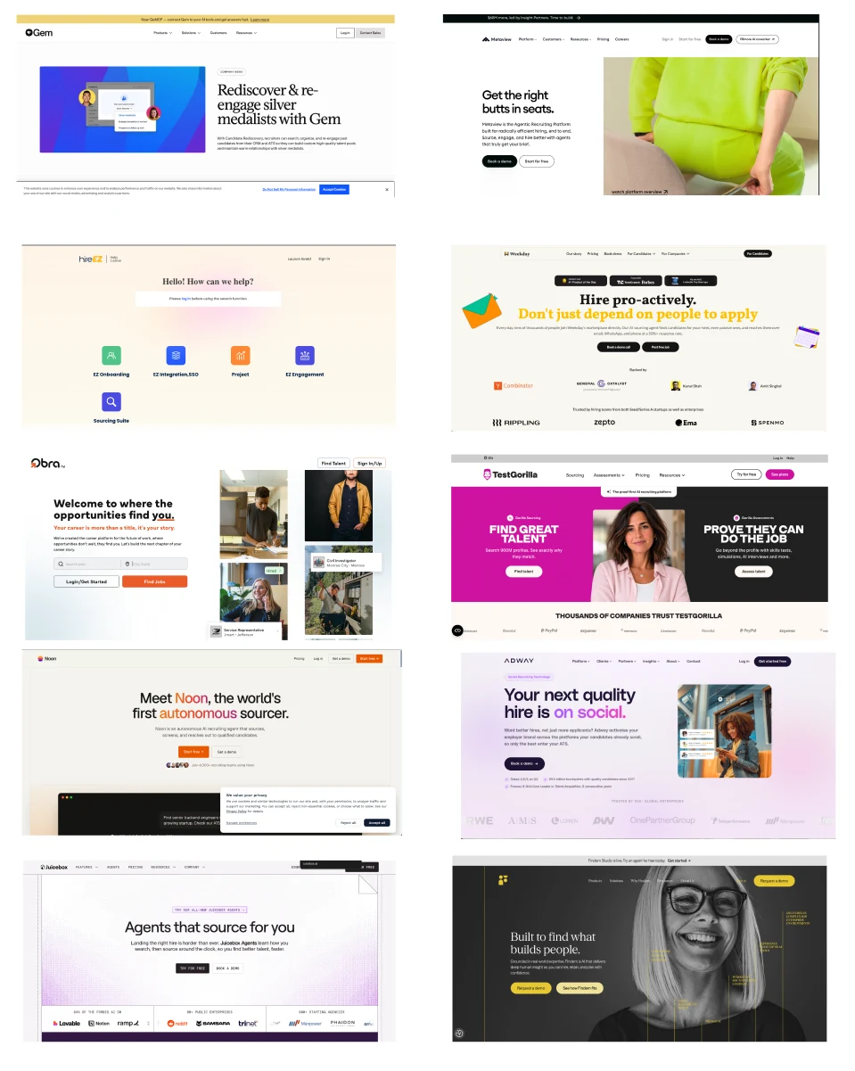 Home pages of recruiting tools: Gem, Metaview, hireEZ, Weekday, Obra, TestGorilla, Noon, Adway, Juicebox and Findem.