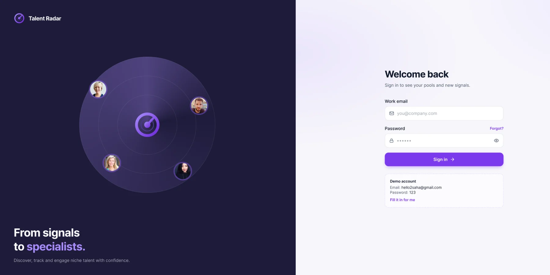 The Talent Radar sign-in screen