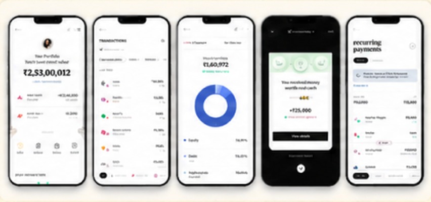 A row of finance app screens