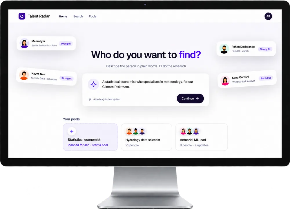 Talent Radar search home on a desktop monitor